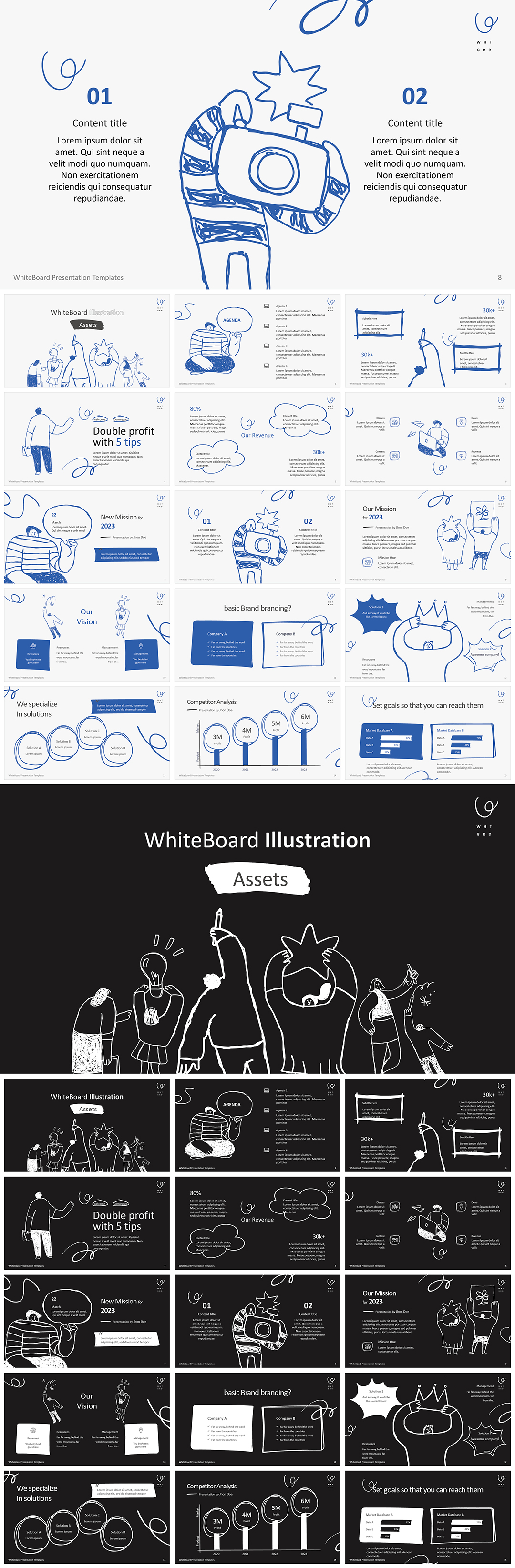 手绘涂鸦人物线框信息图表汇报PPT演示文稿明暗模板